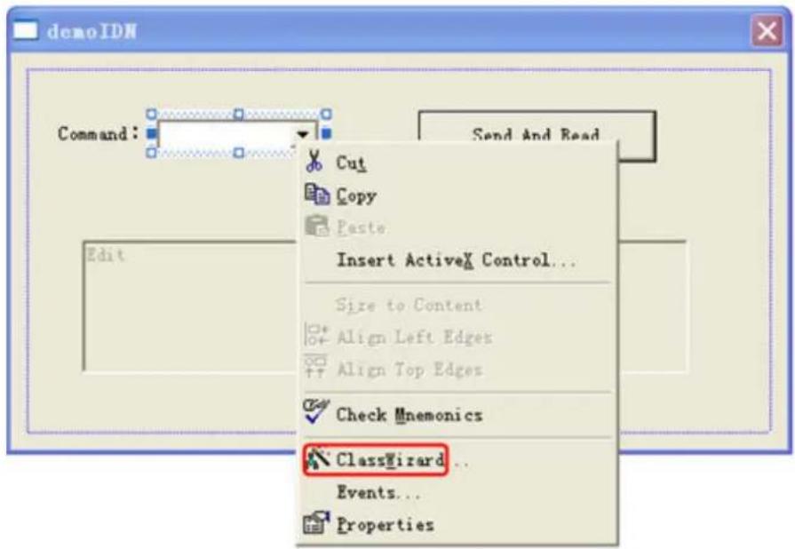demoIDM Command: Send And Read Cut Copy Paste Insert ActiveX Control... Size to Content Align Left Edges Align Top Edges Check Mnemonics ClassWizard... Events... Properties