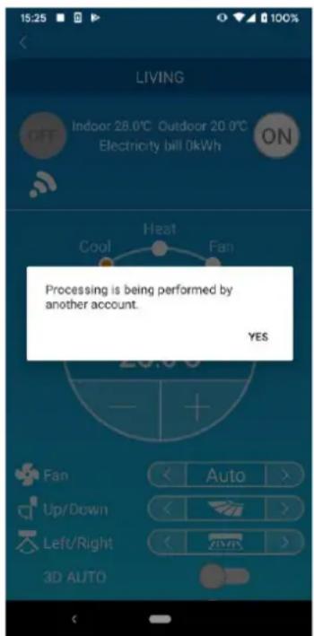 LIVING OFF Indoor 28.0°C Outdoor 20.0°C Electricity bill 0kWh ON Cool Heat Fan Processing is being performed by another account. YES Fan Auto > Up/Down > Left/Right > 3D AUTO
