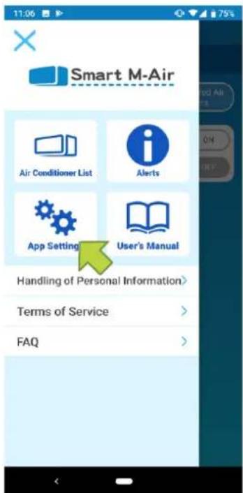 11:06 Smart M-Air Air Conditioner List Alerts App Setting User's Manual Handling of Personal Information> Terms of Service FAQ