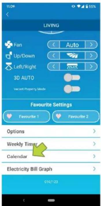 11:09 55% LIVING Fan Auto > Up/Down > > Left/Right > > 3D AUTO Vacant Property Mode Favourite Settings Favourite 1 Favourite 2 Options Weekly Timer Calendar Electricity Bill Graph 010/123