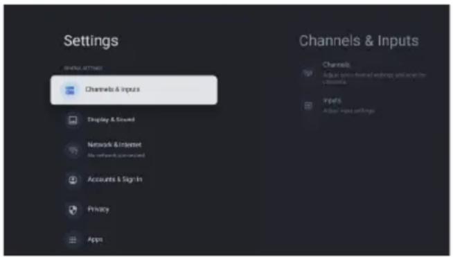 Settings Channels & Inputs Display & Sound Network & Internet Air network communicated Accounts & Sign In Privacy Apps Channels & Inputs Channels Images (non-channel settings and other volumes) Apps Images/Inputs settings