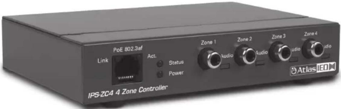 PoE 802.3af Link Act. Status Power IPS-ZC4 4 Zone Controller Zone 1 Audio Zone 2 Audio Zone 3 Audio Zone 4 Atlas IEO MI
