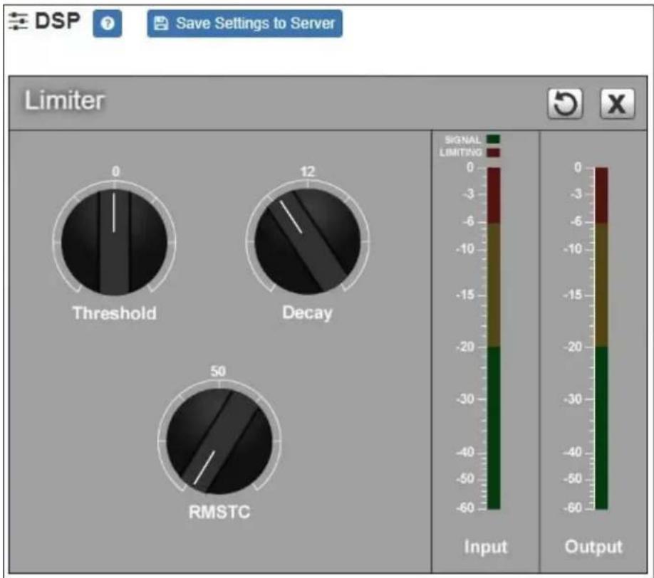DSP Save Settings to Server Limiter 0 12 Threshold Decay 50 RMSTC SIGNAL LIMITING 0 -3 -6 -9 -12 -15 -18 -21 -24 -27 -30 -33 -36 -39 -42 -45 -48 -51 -54 -57 -60 Input Output