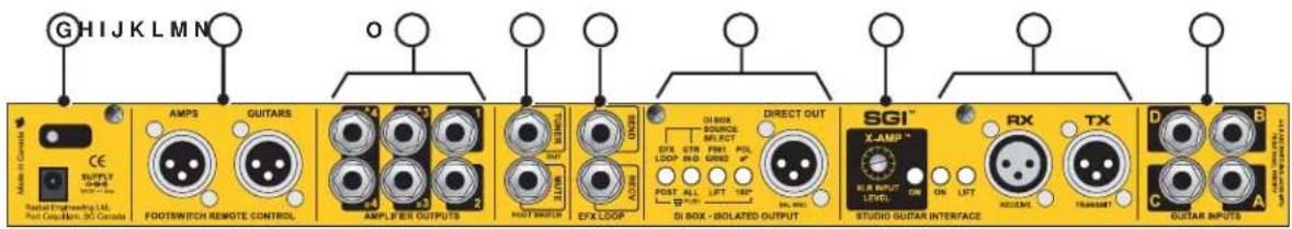 GHIJKLMN AMPS GUITARS FOOTSWITCH REMOTE CONTROL AMPLIFIER OUTPUTS OUT INJ SWITCH EXX LOOP DI BOX DIRECT OUT SELECT DXE QTR FLOW LOOP INO COLD POST ALL LIFT 100% DI BOX -ISOLATED OUTPUT STUDIO SUGAR INTERFACE RX TX ON ON LET RECEM TRANSMET D C A B CE SUPPLY SERIAL ENGINEERING Capital Engineering Ltd. Port Group/Bank 30 Canada