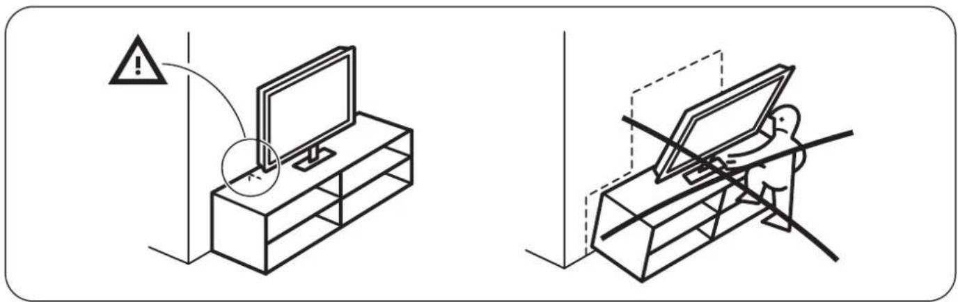 Diagram illustrating two safety warning scenarios: one showing a warning symbol on a TV, the other showing a person using a device with a crosshair.
