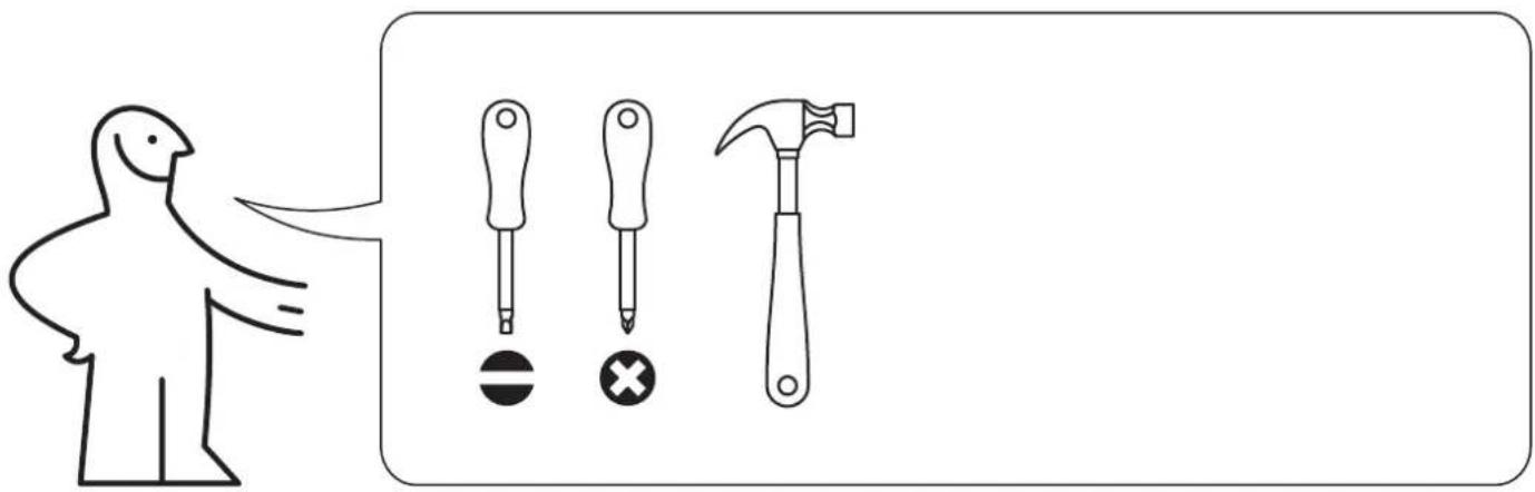 Illustration showing a person pointing to three different tools: screwdriver, hammer, and cross, with icons for selection.