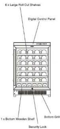 6 x Large Roll Out Shelves Digital Control Panel 1 x Bottom Wooden Shelf Bottom Grill Security Lock