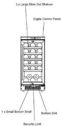 5 x Large Slide Out Shelves Digital Control Panel 1 x Small Bottom Shelf Bottom Grill Security Lock