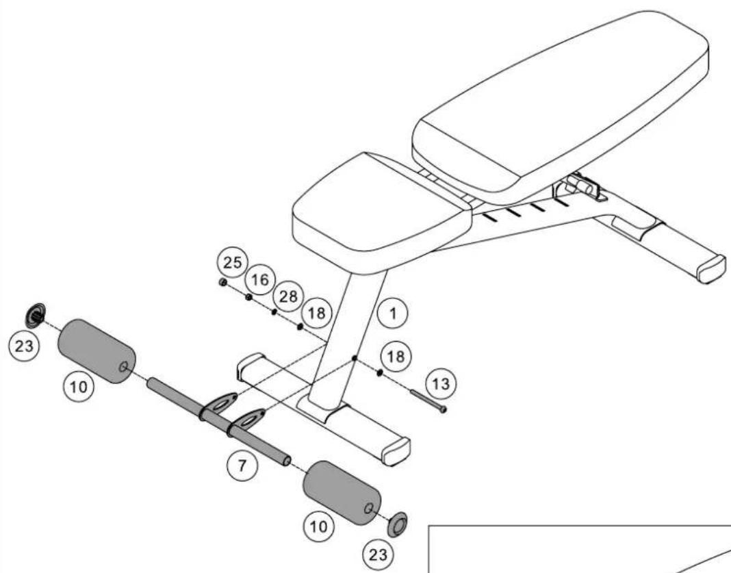 Technical diagram of a gym equipment with numbered components and labeled parts