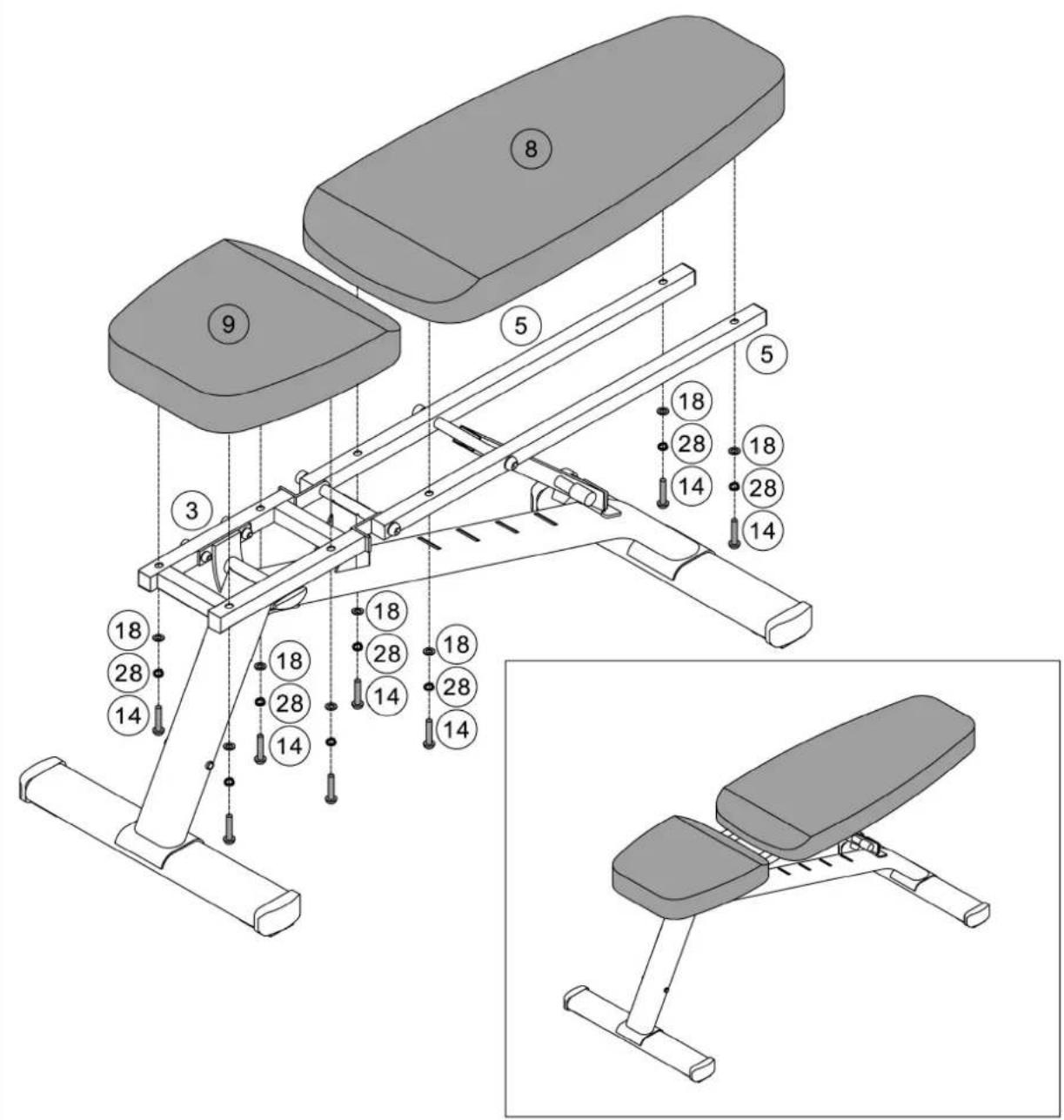 Technical diagram of a gym bench with numbered components and supporting legs, including zoomed-in details.
