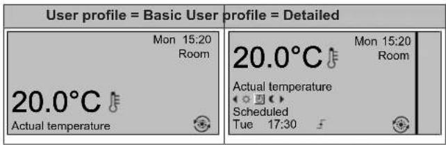 User profile = Basic User profile = Detailed Mon 15:20 Room 20.0°C Actual temperature 20.0°C Mon 15:20 Room Actual temperature Scheduled Tue 17:30