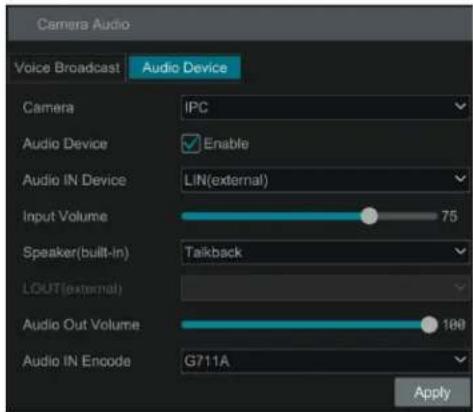 Camera Audio Voice Broadcast Audio Device Camera IPC Audio Device Enable Audio IN Device LIN(external) Input Volume 75 Speaker(built-In) Talkback LOUT(external) Audio Out Volume 100 Audio IN Encode G711A Apply