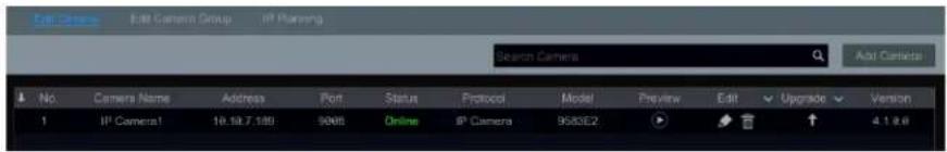 Edit Camera Edit Camera Group IP Planning Search Camera Add Camera No Camera Name Address Port Status Protocol Model Preview Edit Upgrade Version 1 IP Camera1 19.19.7.180 9065 Online IP Camera 9583E2 4.1.8.6