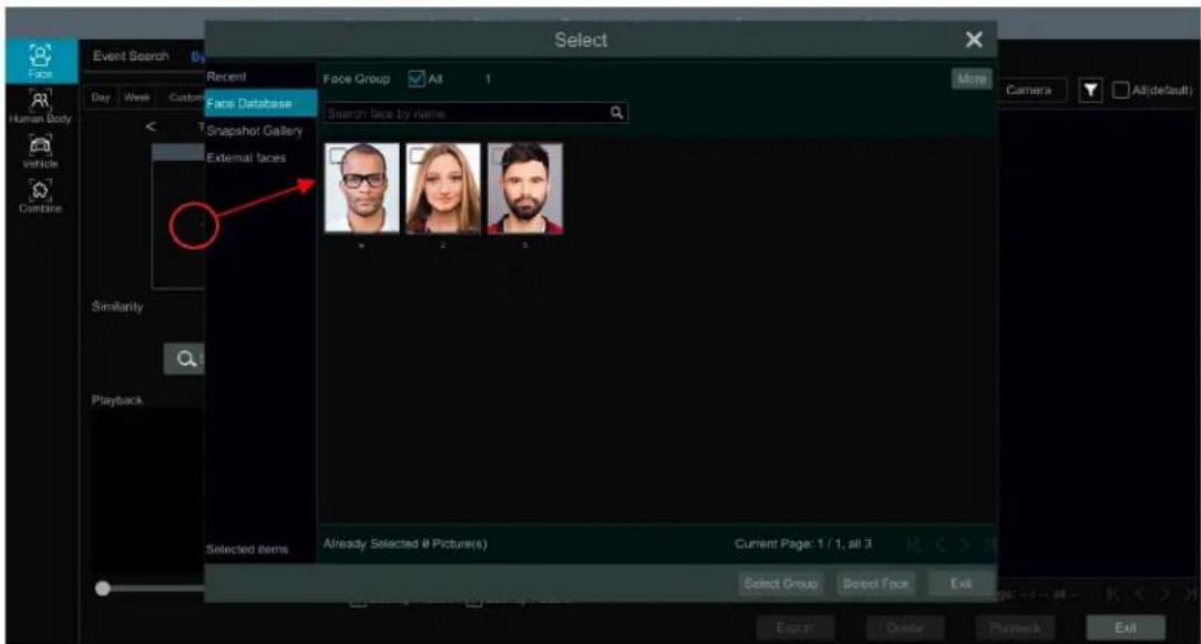 Event Search Recent Face Database Day Week Custom Snapshor Gallery External faces Similarity Playback Selected items Select Face Group All 1 Search face by name 9 2 3 Already Selected @ Picture(s) Current Page: 1 / 1, all 3 Select Group Select Face Exit Explain Delete Remark Exit