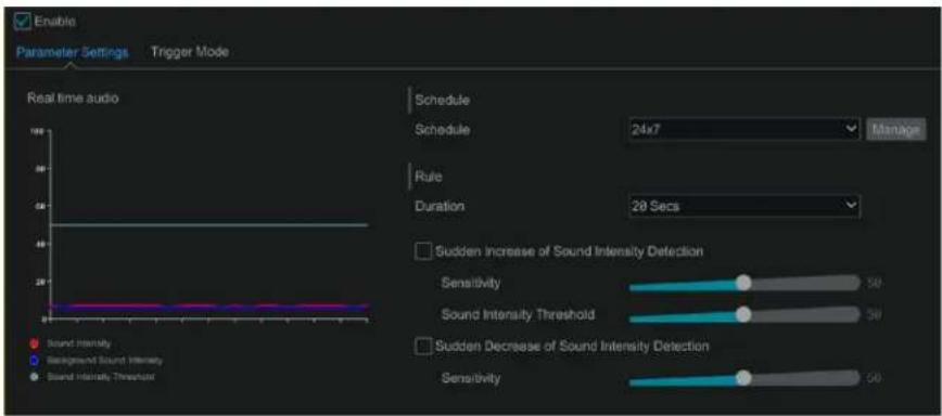 Enable Parameter Settings Trigger Mode Real time audio Schedule Schedule 24x7 Manage Rule Duration 20 Secs Sudden Increase of Sound Intensity Detection Sensitivity 50 Sound Intensity Threshold 50 Sudden Decrease of Sound Intensity Detection Sensitivity 50