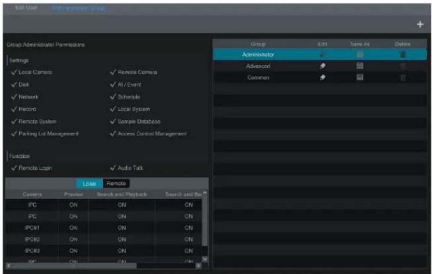 Group Administrator Permissions Settings ✓ Local Camera ✓ Disk ✓ Network ✓ Record ✓ Remote System ✓ Parking Lot Management ✓ Remote Login ✓ Remote Menu Local Remote Camera Preview Search and Playback Search and Bar IPC ON ON ON IPC ON ON ON IPC01 ON ON ON IPC02 ON ON ON IPC03 ON ON ON IPC ON ON ON