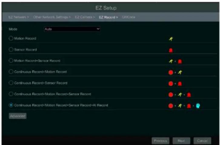 EZ Setup EZ Network > Other Network Settings > EZ Camera > EZ Record > GIFC rate Mode Auto Motion Record Sensor Record Motion Record+Sensor Record Continuous Record+Motion Record Continuous Record+Sensor Record Continuous Record+Motion Record+Sensor Record Continuous Record+Motion Record+Sensor Record+AI Record Advanced Previous Next Cancel