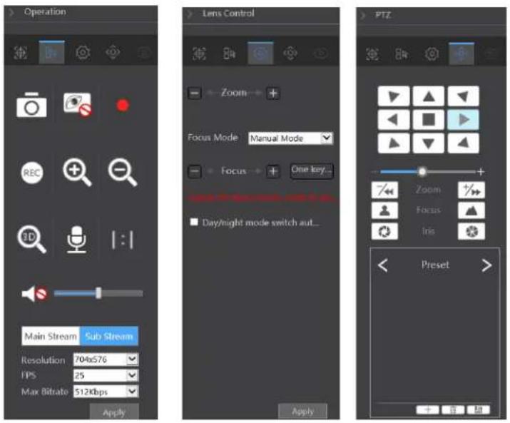 Operation Lens Control Zoom Focus Mode Manual Mode Focus One key... Day/night mode switch aut... Main Stream Sub Stream Resolution 704x576 FPS 25 Max Bitrate 512Kbps Apply PTZ Zoom Focus Ins Preset + 首 粘