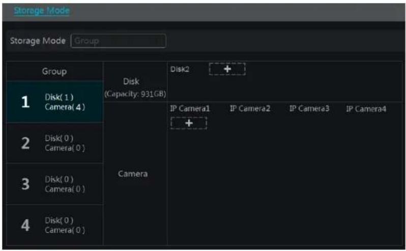 Storage Mode Storage Mode Group Group Disk (Capacity: 931GB) Disk2 + 1 Disk(1 ) Camera(4) Camera IP Camera1 IP Camera2 IP Camera3 IP Camera4 2 Disk(0 ) Camera(0) 3 Disk(0 ) Camera(0) 4 Disk(0 ) Camera(0)