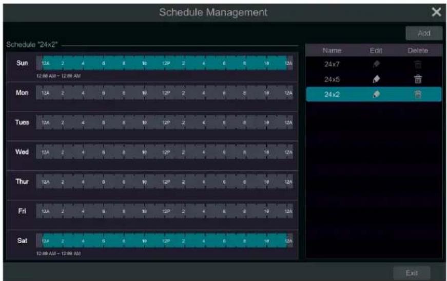 Schedule Management Schedule "24x2" Sun 12:00 AM - 12:00 AM Mon 12A 2 4 6 8 10 12P 2 4 6 8 10 12A Tue 12A 2 4 6 8 10 12P 2 4 6 8 10 12A Wed 12A 2 4 6 8 10 12P 2 4 6 8 10 12A Thur 12A 2 4 6 8 10 12P 2 4 6 8 10 12A Fri 12A 2 4 6 8 10 12P 2 4 6 8 10 12A Sat 12A 2 4 6 8 10 12P 2 4 6 8 10 12A