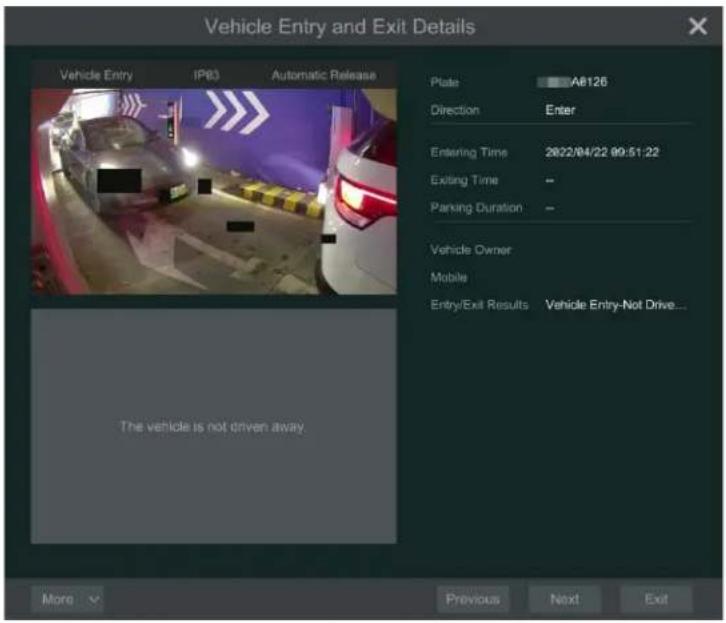 Vehicle Entry and Exit Details Vehicle Entry IP63 Automatic Release Plate A6126 Direction Enter Entering Time 2022/04/22 09:51:22 Exiting Time - Parking Duration - Vehicle Owner Mobile Entry/Exit Results Vehicle Entry-Not Drive... The vehicle is not driven away. More Previous Next Exit