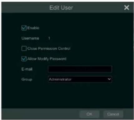 Edit User Enable Username 1 Close Permission Control Allow Modify Password E-mail Group Administrator OK Cancel