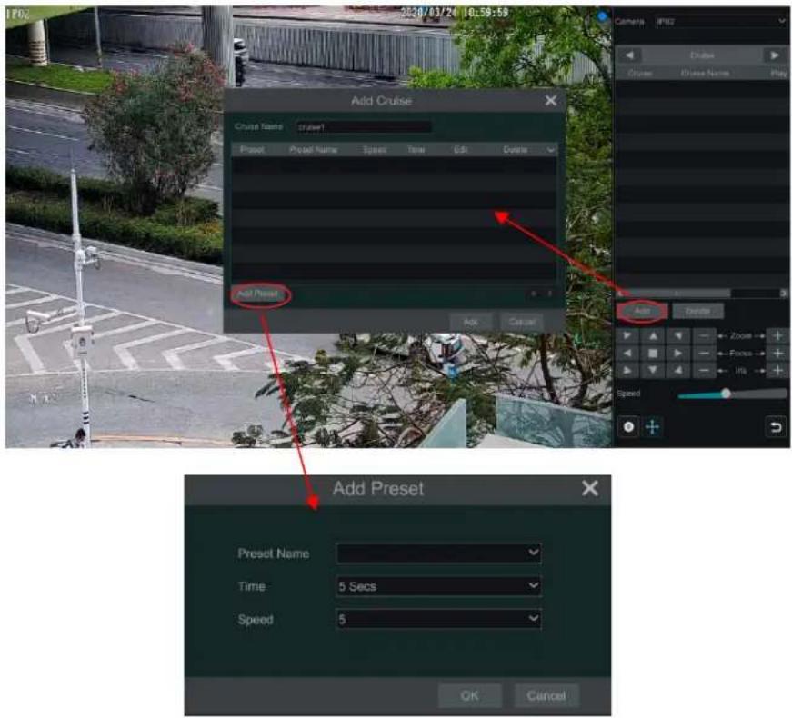 Add Cruise Cruise Name offset Project Project Name Speed Time Edit Continue Add Preset Add Preset Add Preset Preset Name Time 5 Secs Speed 5 OK Cancel