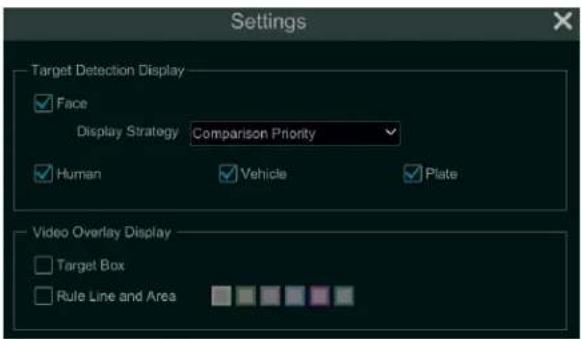 Settings Target Detection Display ✓ Face Display Strategy Comparison Priority ✓ Human ✓ Vehicle ✓ Plate Video Overlay Display ✓ Target Box ✓ Rule Line and Area