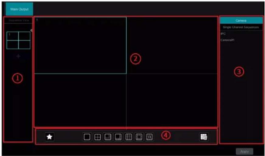 Main Output Sequence View 1 + ① ② Camera Single Channel Sequences IPC Camera#1 ③ ★ ④ Apply