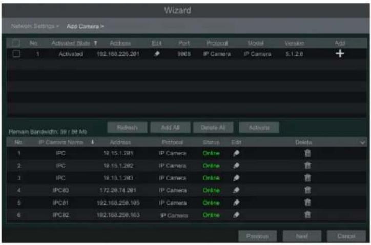 Wizard Network Settings > Add Camera > No Active State Address Edit Port Protocol Modal Version Add 1 Activated 192.168.226.201 9865 IP Camera IP Camera 5.1.2.6 Reman Bandwidth: 59 / 56 Mb Refresh Add All Denate All Activate No IP Camera Name Address Protocol Status Edit Delete 1 IPC 19.15.1.201 IP Camera Online 省 2 IPC 19.15.1.202 IP Camera Online 省 3 IPC 19.15.1.203 IP Camera Online 省 4 IPC03 172.28.74.201 IP Camera Online 省 5 IPC01 192.168.258.105 IP Camera Online 省 6 IPC02 192.168.258.103 IP Camera Online 省 Previous Next Cancel