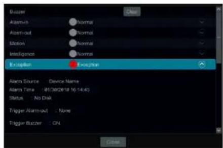 Alarm Alarm-1 Alarm-out Motion Intelligence Exception Device Name 05/08/2018 16:14:43 Status - No Drak Trigger Alarm-out : None Trigger Buzzer : ON Close