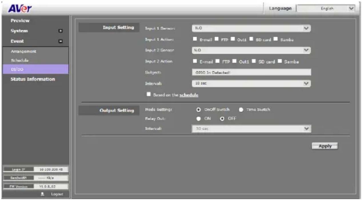 AVer Language English Preview System Event Arrangement Schedule DI/DO Status Information Input Setting Input 1 Sensors N.O Input 1 Actions E-mail FTP Out1 SD card Samba Input 2 Sensor N.O Input 2 Action E-mail FTP Out1 SD card Samba Subjects: GPIO In Detected! Intervals: 10 sec Based on the schedule Output Setting Mode Settings: OnOff Switch Time Switch Relay Out: ON OFF Interval: 30 sec Apply Logat IP 10.100.200.45 Bandwidth ---- Kb/s FW Version Y1.0.8.02 Logout