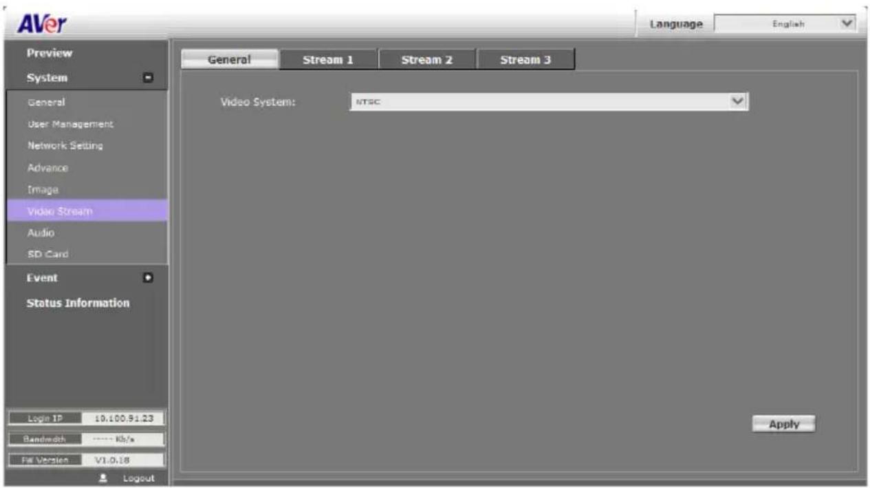 AVer Language English Preview System General User Management Network Setting Advance Image Video Stream Audio SD Card Event Status Information General Stream 1 Stream 2 Stream 3 Video System: NTSC Login IP 10.100.91.23 Bandwidth ---- Mb/s Fit Version V1.0.18 Apply