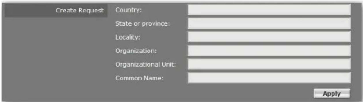 Create Request Country: State or province: Locality: Organization: Organizational Unit: Common Name: Apply