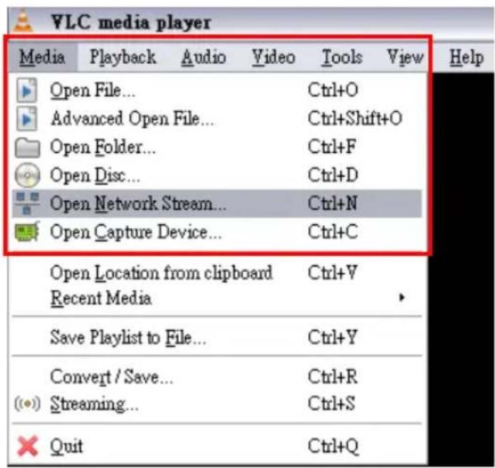 VLC media player Media Playback Audio Video Tools View Help Open File... Ctrl+O Advanced Open File... Ctrl+Shift+O Open Folder... Ctrl+F Open Disc... Ctrl+D Open Network Stream... Ctrl+N Open Capture Device... Ctrl+C Open Location from clipboard Ctrl+V Recent Media Save Playlist to File... Ctrl+Y Convert / Save... Ctrl+R Streaming... Ctrl+S Quit Ctrl+Q