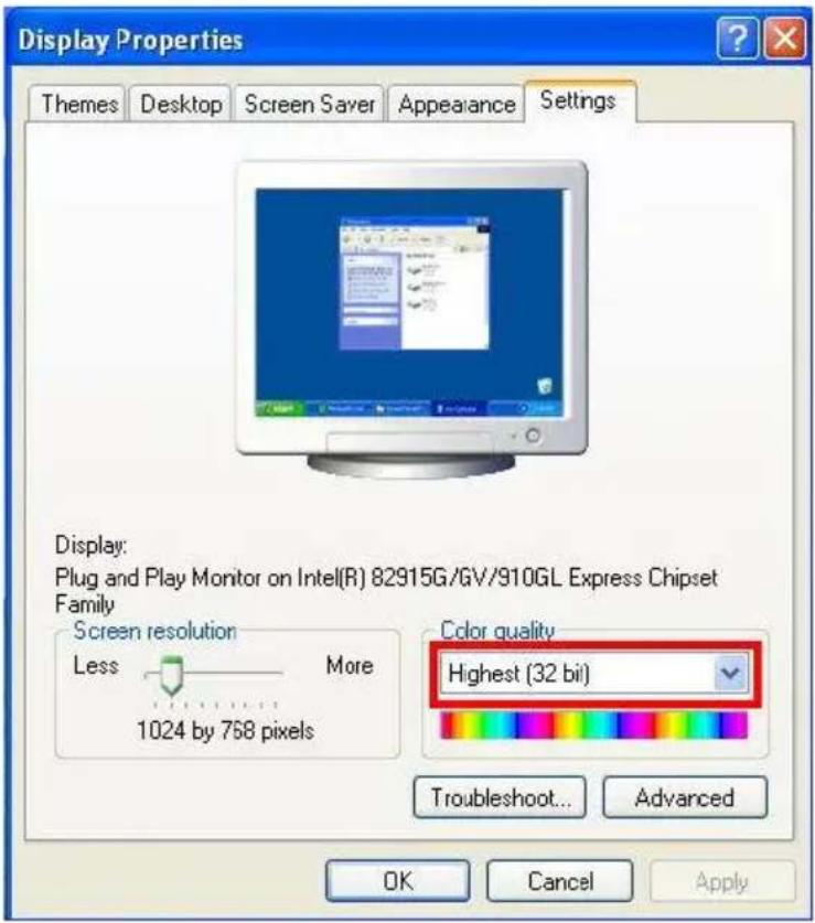 Display Properties Themes Desktop Screen Saver Appearance Settings Display: Plug and Play Monitor on Intel(R) 82915G/GV/910GL Express Chipset Family Screen resolution Less More 1024 by 768 pixels Color quality Highest (32 bil) Troubleshoot... Advanced OK Cancel Apply