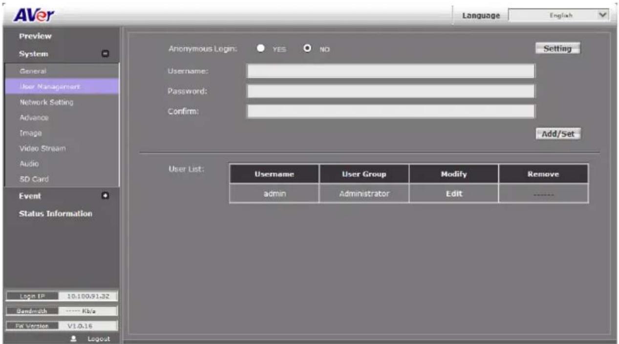 AVer Language English Preview System General User Management Network Setting Advance Image Video Stream Audio 5D Card Event Status Information Anonymous Login: YES NO Setting Username: Password: Confirm: Add/Set User List: Username User Group Modify Remove admin Administrator Edit ...... Login IP 10:100.91.32 Bandwidth .... Kbita Per Version V1.0.16 Logout