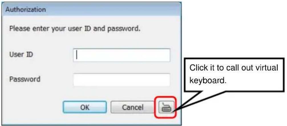 Authorization Please enter your user ID and password. User ID Password OK Cancel Click it to call out virtual keyboard.