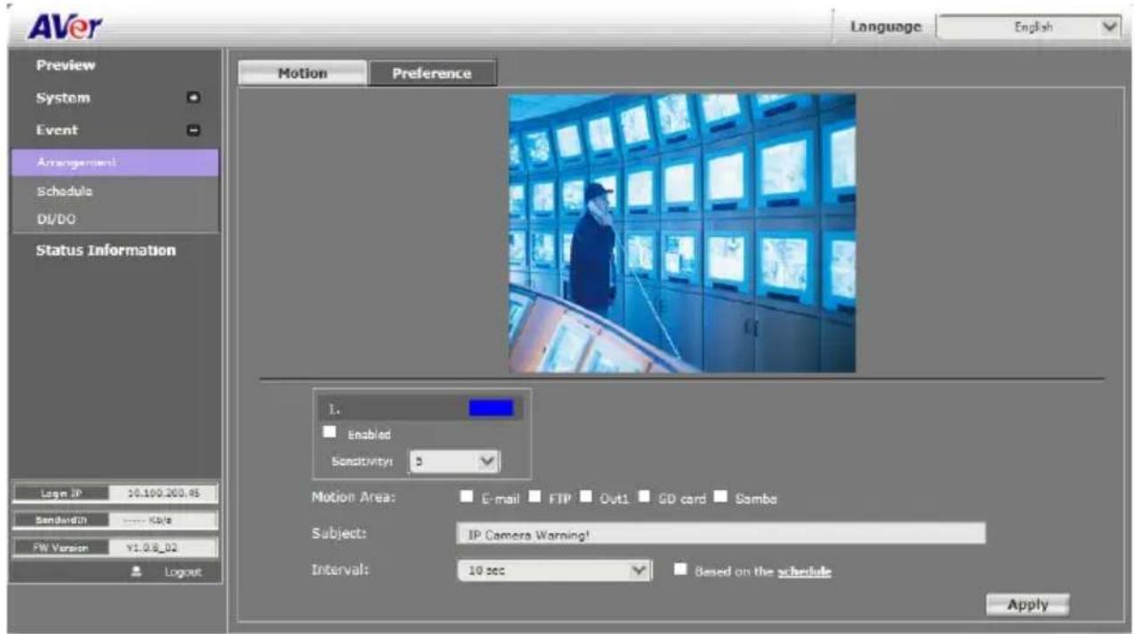 AVer Language: English Preview System Event Arrangement Schedule DI/DO Status Information Motion Preference 1. Enabled Sensitivity: 3 Motion Area: E-mail FTP Out1 GD card Samba Subject: IP Camera Warning! Interval: 10 sec Based on the schedule Apply