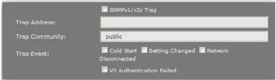 SNMPv1/v2c Trap Trap Address: Trap Community: public Trap Event: Cold Start Setting Changed Network Disconnected V3 Authentication Failed