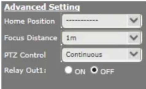 Advanced Setting Home Position ---- Focus Distance 1m PTZ Control Continuous Relay Out1: ON OFF