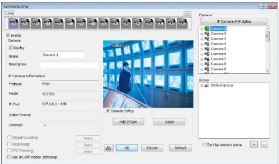 Camera Setting Air Enable Camera Display Name Camera 1 Description IP Camera Information Protocol AVer Model 5D3306 IP-Port 127.0.0.1 : 808 Video Format Channel 1 Object Counting FaceFinder FIZ Tracking Use IPCAM motion detection. Camera 1 IP Camera Setup Add IPCam Detail Group Default group OK Cancel Default Sort by camera name + - OK Cancel Default