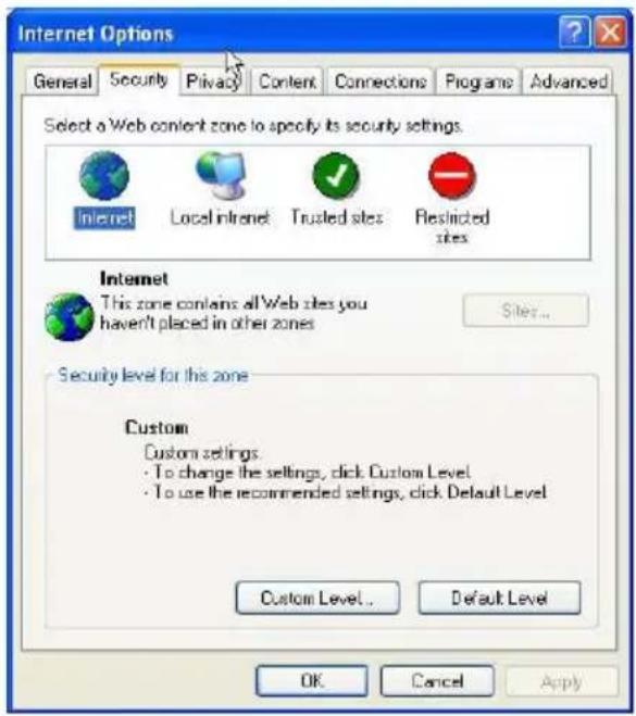 Internet Options General Security Privacy Content Connections Programs Advanced Select a Web content zone to specify its security settings. Internet Local internet Trusted sites Restricted sites Internet This zone contains all Web sites you haven't placed in other zones Security level for this zone Custom Custom settings • To change the settings, click Custom Level • To use the recommended settings, click Default Level Custom Level... Default Level OK Cancel Apply