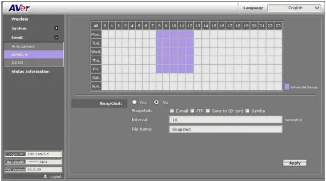 AVer Language English Preview System Event Arrangement Schedule DI/DO Status Information All 0 1 2 3 4 5 6 7 8 9 10 11 12 13 14 15 16 17 18 19 20 21 22 23 Mon. Tue. Wed. Thu. Fri. Sat. Sun. Schedule Setup. Snapshot: Yes No Snapshot: E-mail FTP Save to SD card Samba Interval: 10 Second(1) File Name: Snapshot Login IP 192.168.0.5 Bandwidth ---- Kb/s FW Version V1.0.33 Apply