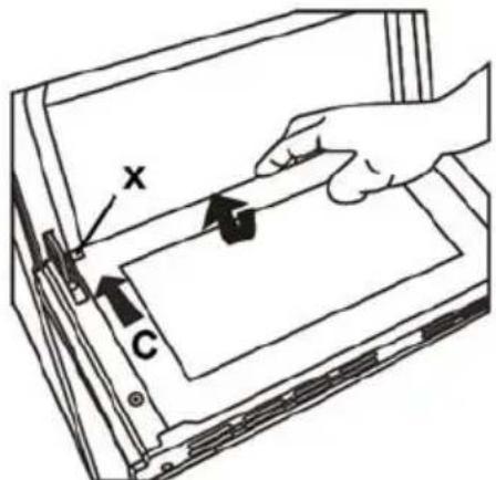 Diagram showing a hand pressing a component labeled 'x' into a device with arrows indicating movement or force, and a label 'C' on the base.