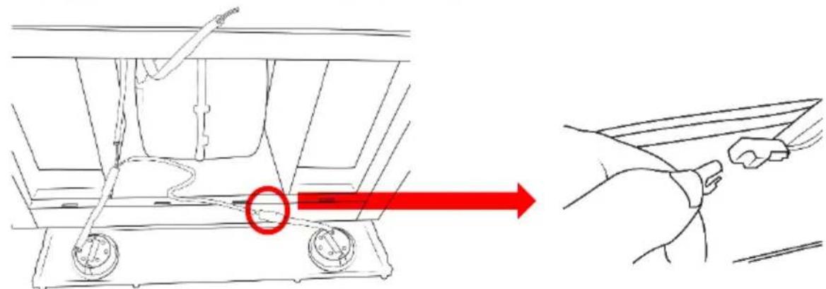 Diagram showing a hand holding a device with a red arrow indicating direction, alongside a mechanical component diagram.