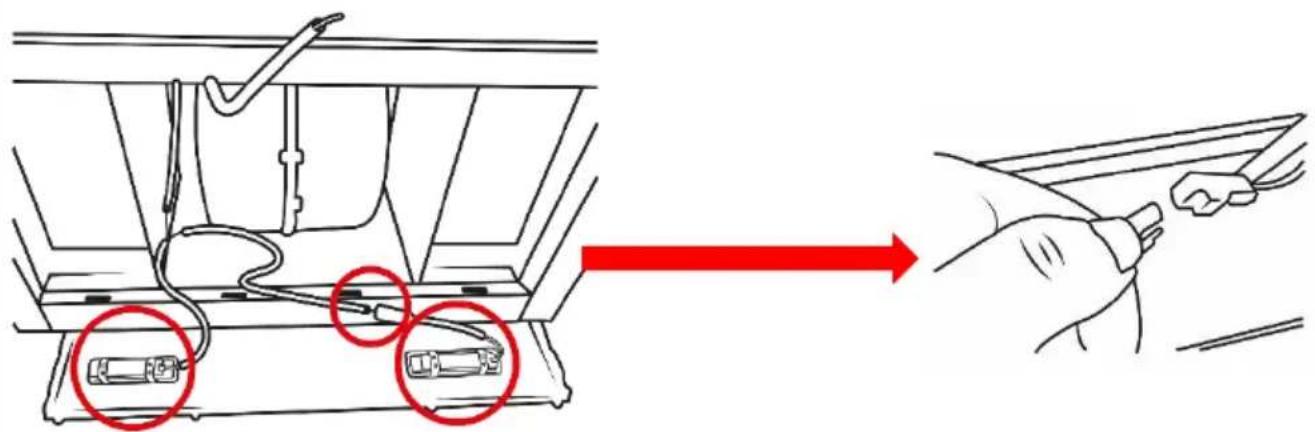 Diagram showing cable installation process with two red-circled components and a red arrow indicating direction
