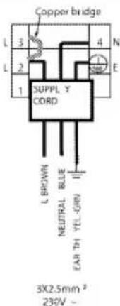 Copper bridge L 3 L 2 1 SUPPLY CORD L BROWN NEUTRAL BLUE EARTH YEL-GRN 3X2.5mm² 230V ~