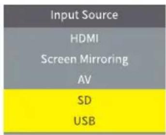 Input Source HDMI Screen Mirroring AV SD USB