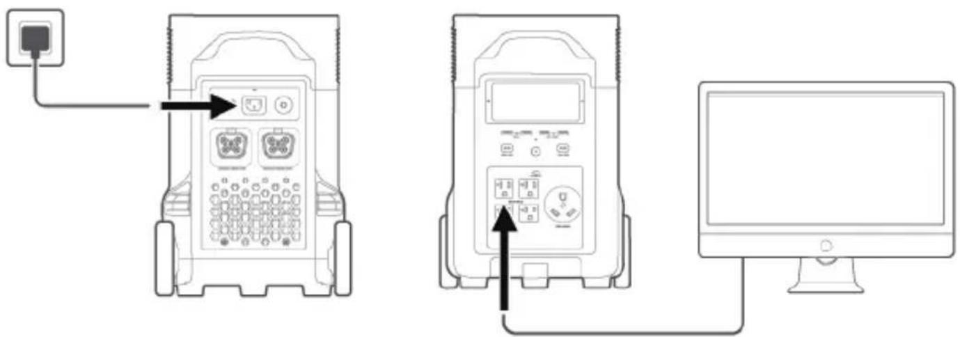 Diagram showing connection between two device cases and a computer, with labeled ports and arrows indicating connection points.